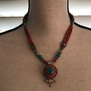 Silver, coral and turquoise necklace.